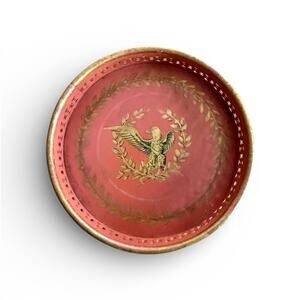 Vintage Coral Red Gold Toleware Dish Coaster Hand Painted Metal Eagle Wreath